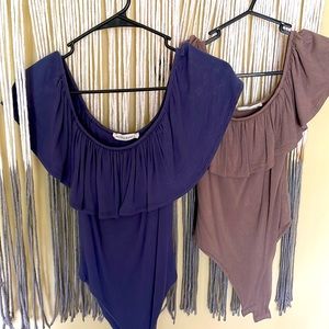 Smokey blue & dusty brown off the shoulder bodysuits